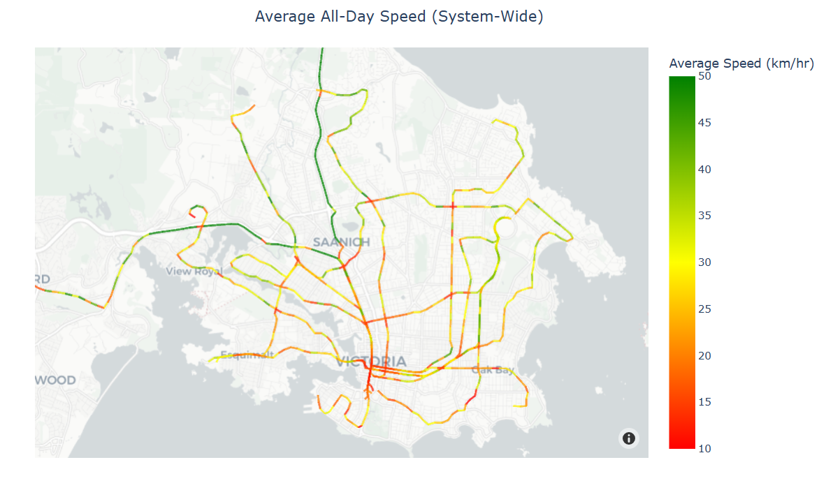 A map of Victoria, BC with a heatmap of bus delay hotspots.