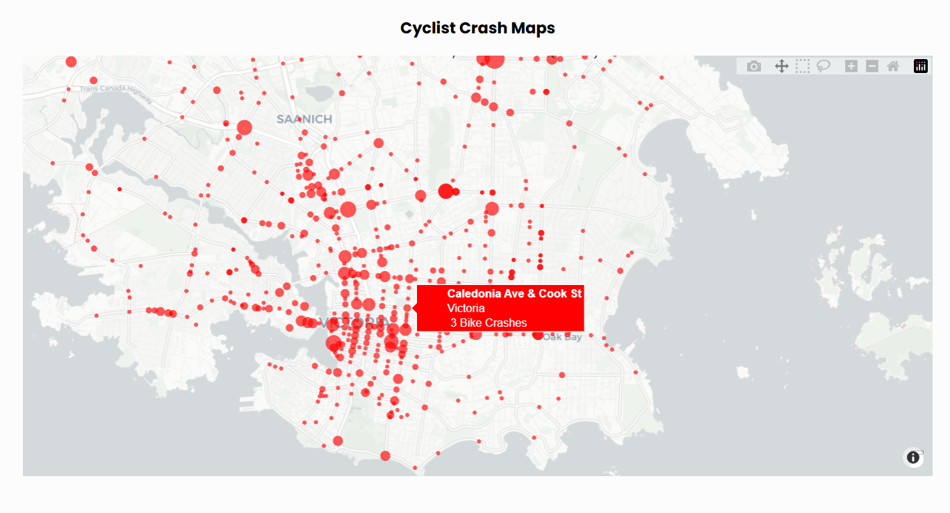 A map of Victoria, BC showing locations of bike crashes in bright red bubbles. The cursor is hovering over Caledonia Ave and Cook St, and the label shows there were 3 bike crashes.